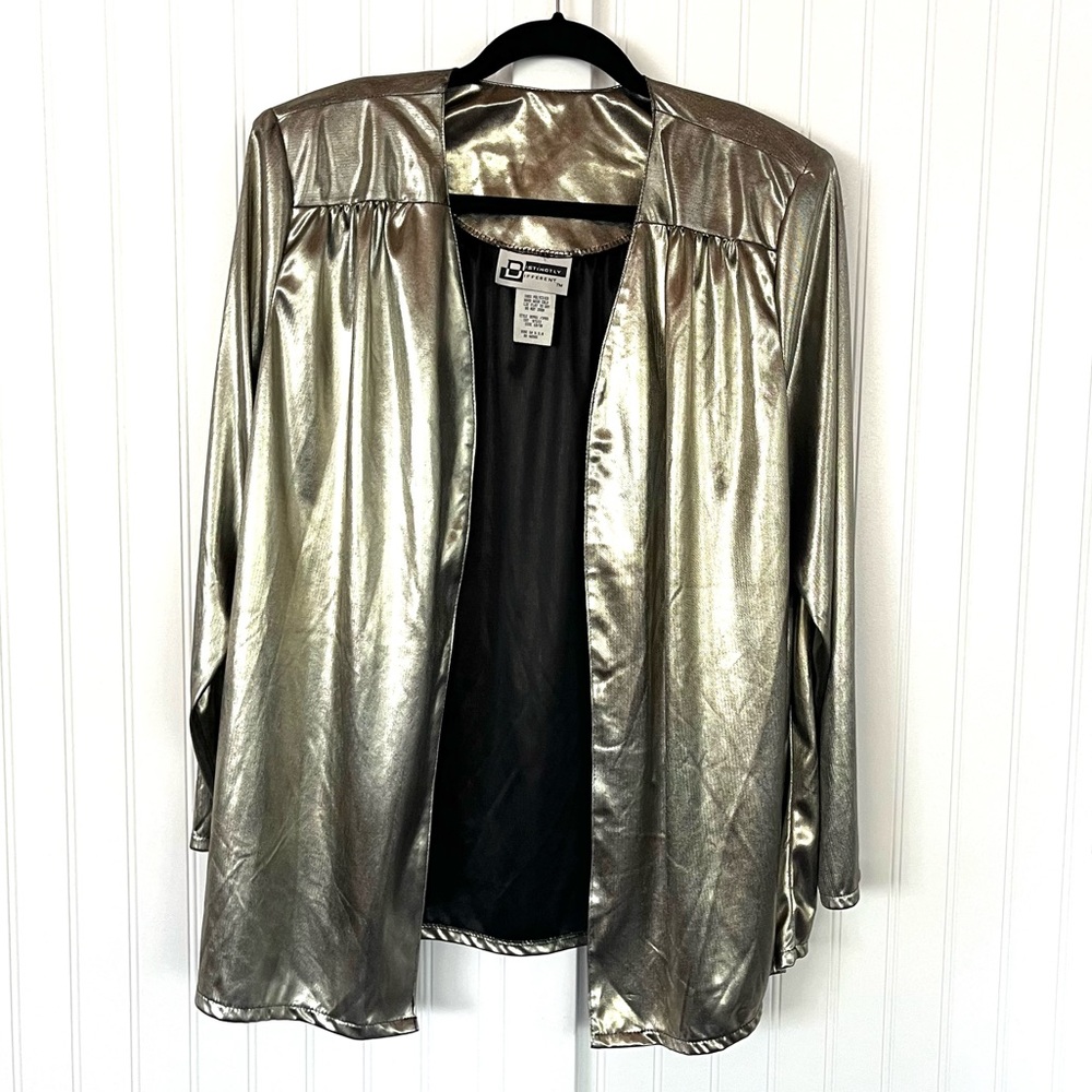 Vintage 80s Silver Disco Top Open Front Cardigan Jacket Metallic Sparkle Sz 18